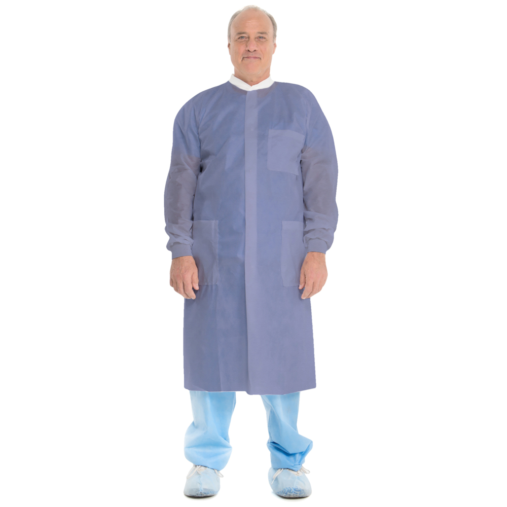 Kimtech™ A8 Certified Lab Coats with Knit Cuffs and Collar (10031), Protective 3-Layer SMS Fabric, Knit Collar & Cuffs, Unisex, Blue, Medium, 25 / Case - 10031