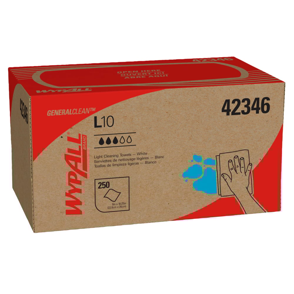 Chiffons de nettoyage léger WypAll® GeneralClean™ L10 (42346), boîte Pop-Up, chiffons à usage limité, blancs (250 feuilles/boîte, 24 boîtes/caisse, 6 000 feuilles/caisse) - 42346