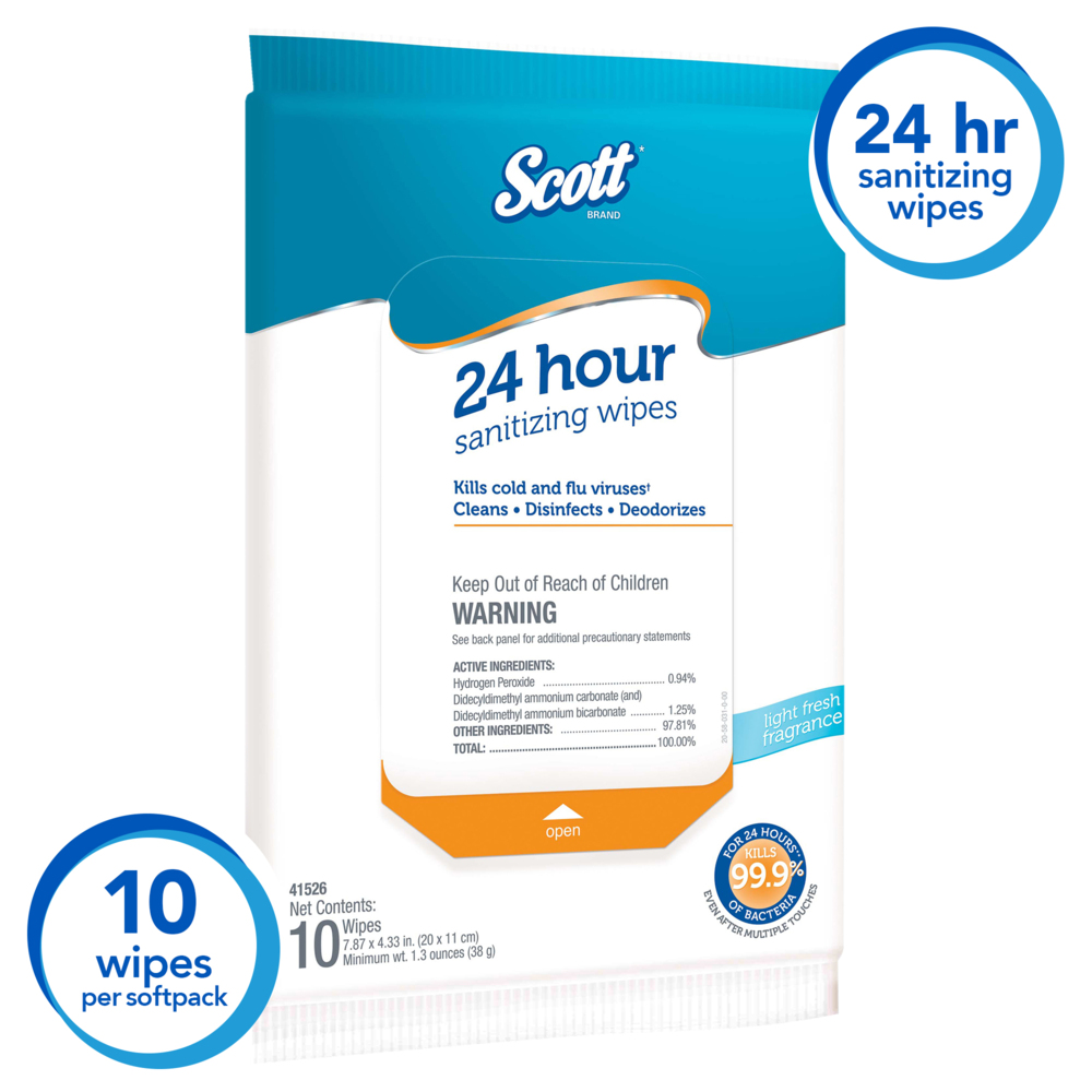 Scott 24 Hour Sanitizing Wipes – Multi-Surface Cleaning & Disinfecting, Continuous Sanitization For 24 Hours – (54478), 50 Packs x 10, 500 Wipes - 41526