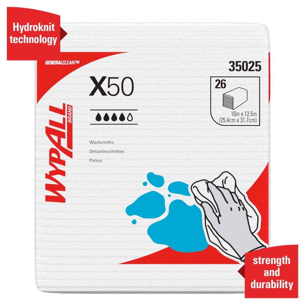 WypAll® GeneralClean™ X50 Cleaning Cloths (35025), Quarterfold, Strong for Extended Use, White (26 Sheets/Pack, 32 Packs/Case, 832 Sheets/Case) - 35025