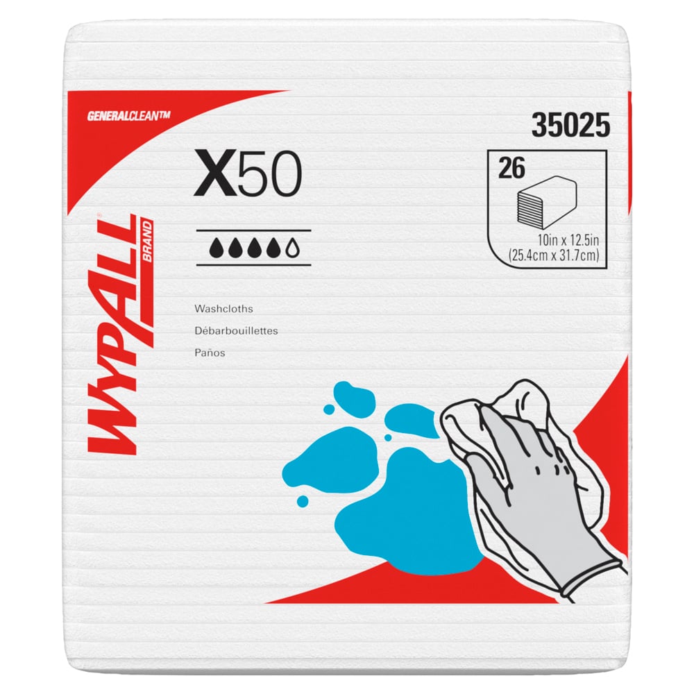 Chiffons de nettoyage WypAll® X50 General Clean (35025), résistants pour une utilisation prolongée, pliés en quatre, blancs, 32 paquets/caisse, 26 feuilles/paquet, 832 feuilles/caisse - 35025