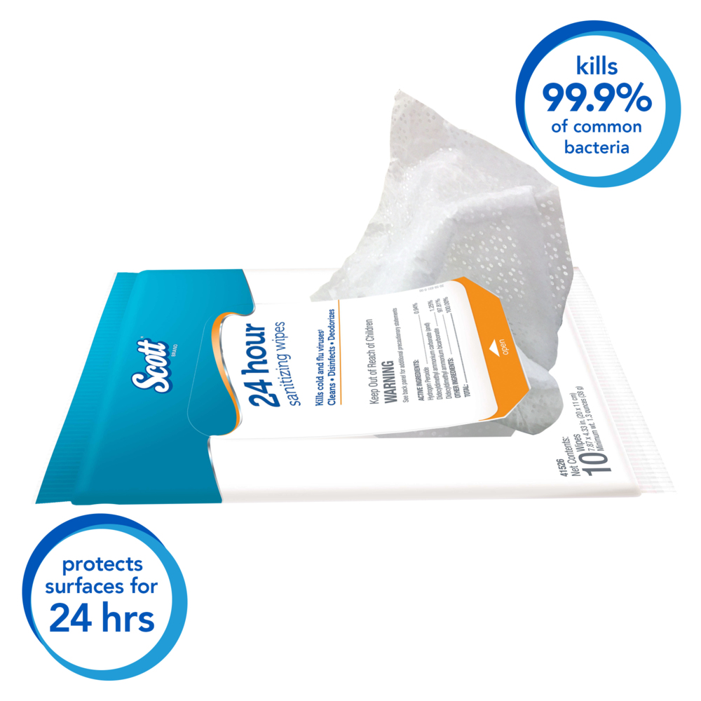 Scott 24 Hour Sanitizing Wipes – Multi-Surface Cleaning & Disinfecting, Continuous Sanitization For 24 Hours – (54478), 50 Packs x 10, 500 Wipes - 41526