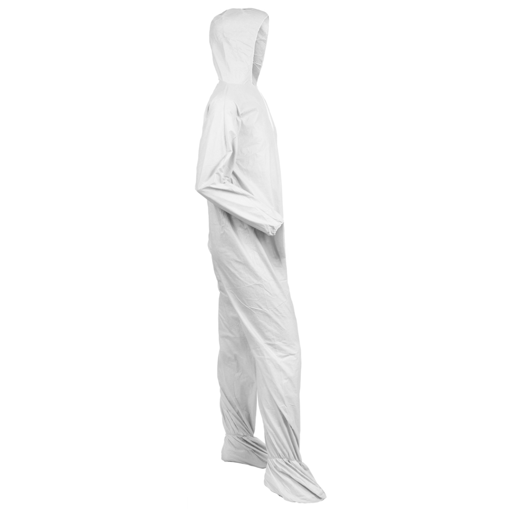 Combinaisons de protection contre les liquides et les particules KleenGuard™ A40 (44334), fermeture éclair à l’avant, bande élastique aux poignets et aux chevilles, avec capuchon et bottes, blanches, conception Reflex, TG (qté 25) - 44334