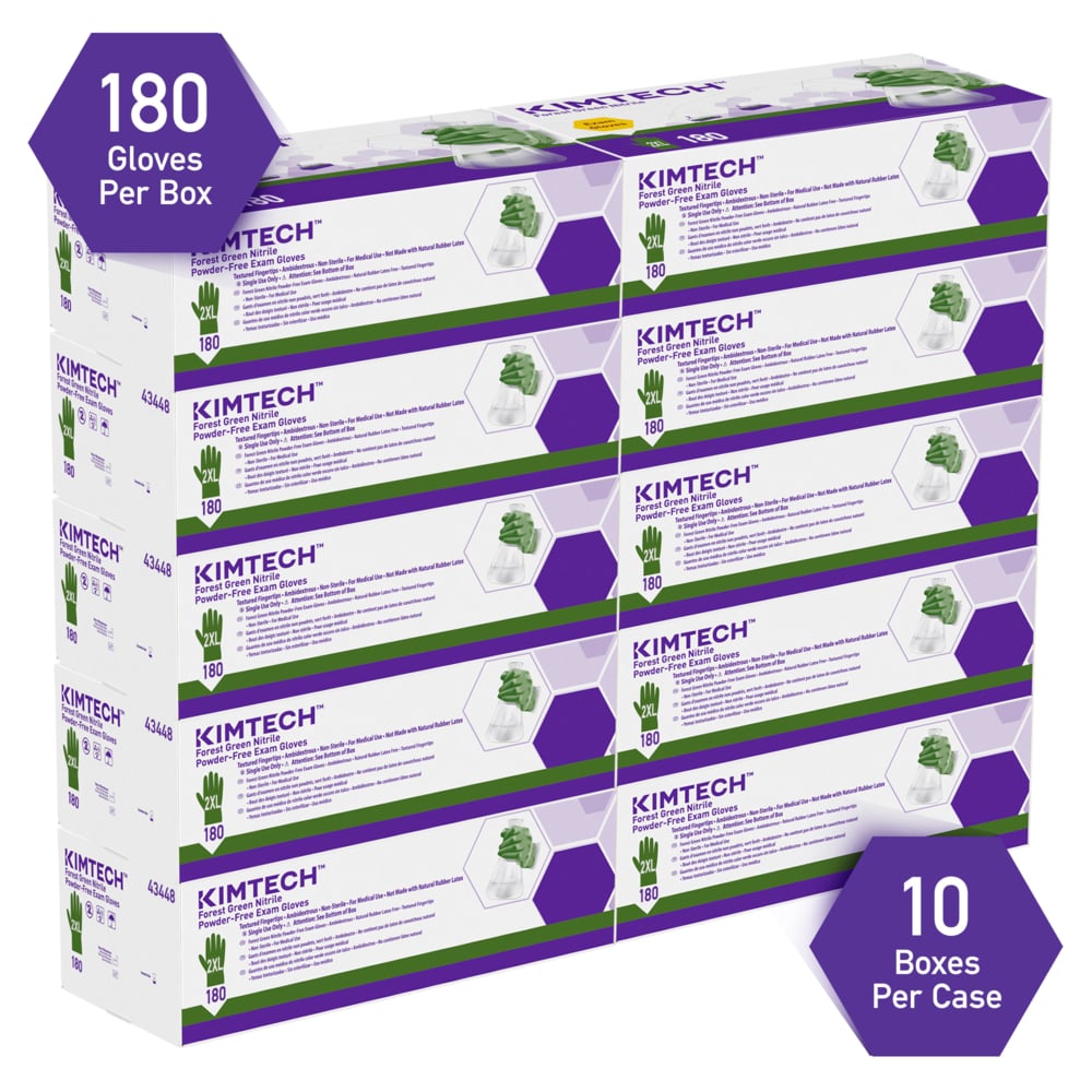 Kimberly-Clark™ Forest Green Nitrile Exam Gloves (43448), 3.5 Mil, Ambidextrous, 9.5”, 2XL, 180 Nitrile Gloves / Box, 10 Boxes / Case, 1,800 / Case;Kimtech™ Forest Green Nitrile Exam Gloves (43448), 3.5 Mil, Ambidextrous, 9.5”, 2XL, 180 Nitrile Gloves / Box, 10 Boxes / Case, 1,800 / Case - 43448