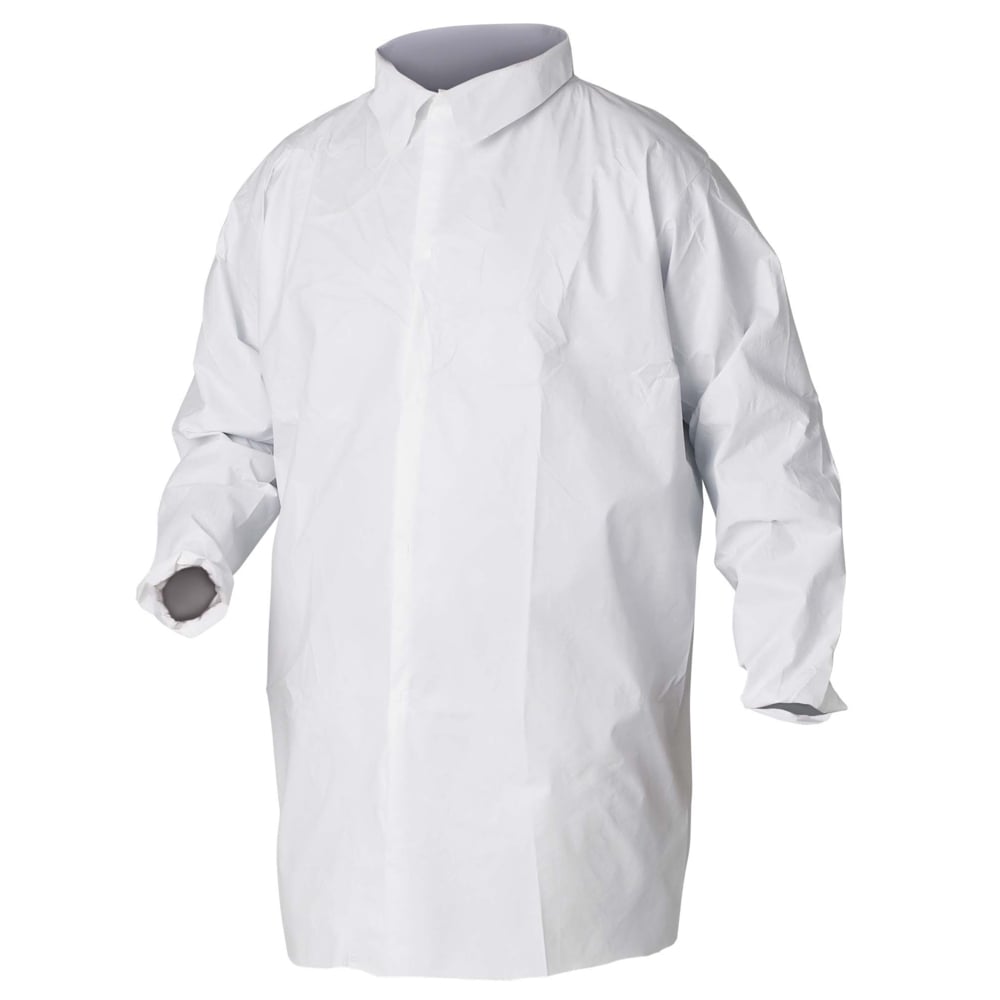 KleenGuard™ A40 Liquid & Particle Protection Lab Coats (30923), 5-Snap Closure, Knee Length, Elastic Wrists, White, 4XL, 30 / Case - 30923