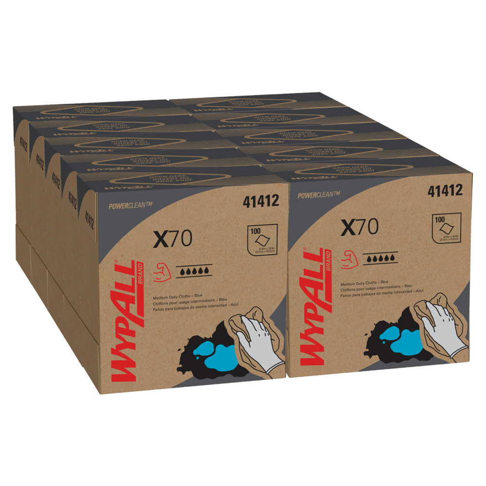 WypAll® PowerClean™ X70 Medium Duty Cloths (41412), Pop-Up Box, Long Lasting Towels, Blue (100 Sheets/Box, 10 Boxes/Case, 1,000 Sheets/Case) - 41412
