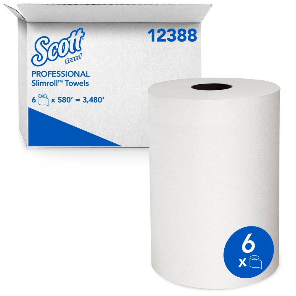 Essuie-mains en rouleau Scott® Slimroll™ (12388), avec technologie Absorbency Pockets™ pour séchage rapide, blancs, compatibles avec les distributrices Kimberly-Clark Professional™ (580 pi/rouleau 6 rouleaux/caisse, 3 480 pi/caisse) - 12388