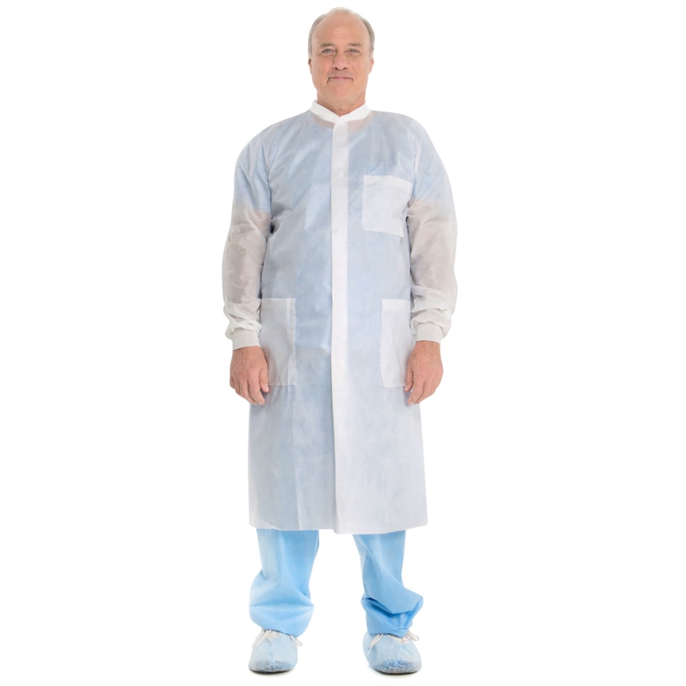 Kimtech™ A8 Certified Lab Coats with Knit Cuffs and Collar (10020), Protective 3-Layer SMS Fabric, Knit Collar & Cuffs, Unisex, White, Small, 25 / Case - 10020
