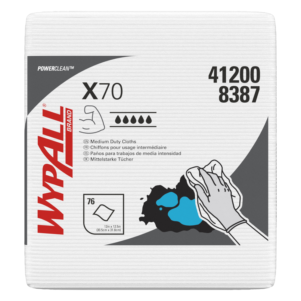 Chiffons de nettoyage moyen WypAll® X70 Power Clean (41200), pliées en quatre, performance longue durée, blancs, 12 paquets, 76 feuilles/paquet - 41200