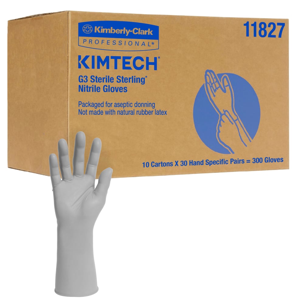 Gants stériles en nitrile Sterling Kimtech G3 (11827), 4 mil, pour salles blanches, spécifiques à la main, 12 po, taille 9, gris, 300 paires/caisse - 11827