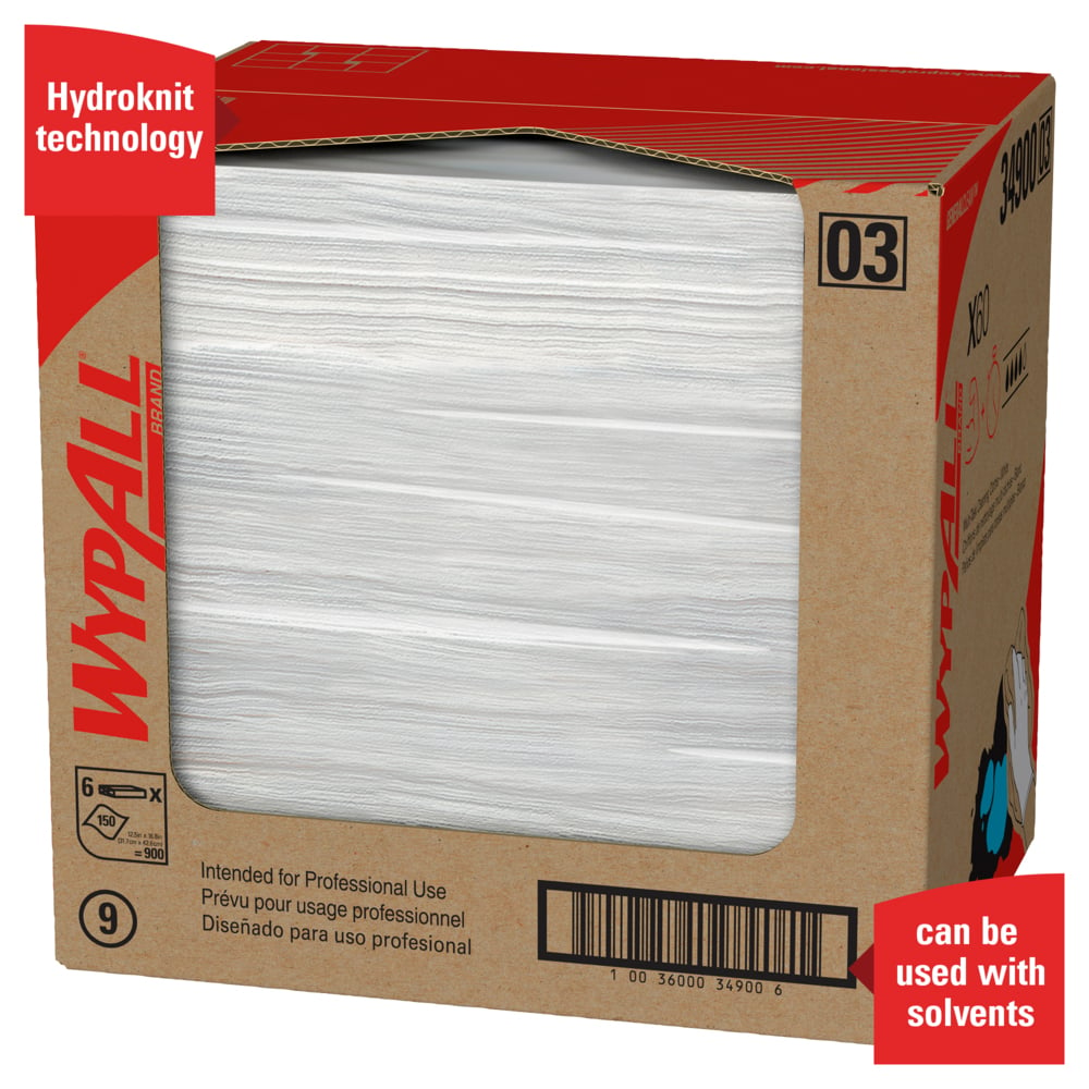 WypAll® General Clean X60 Multi-Task Cleaning Cloths (34900), Flat Sheets, White, 150 Sheets / Pack, 6 Packs / Case, 900 Wipes / Case - 34900