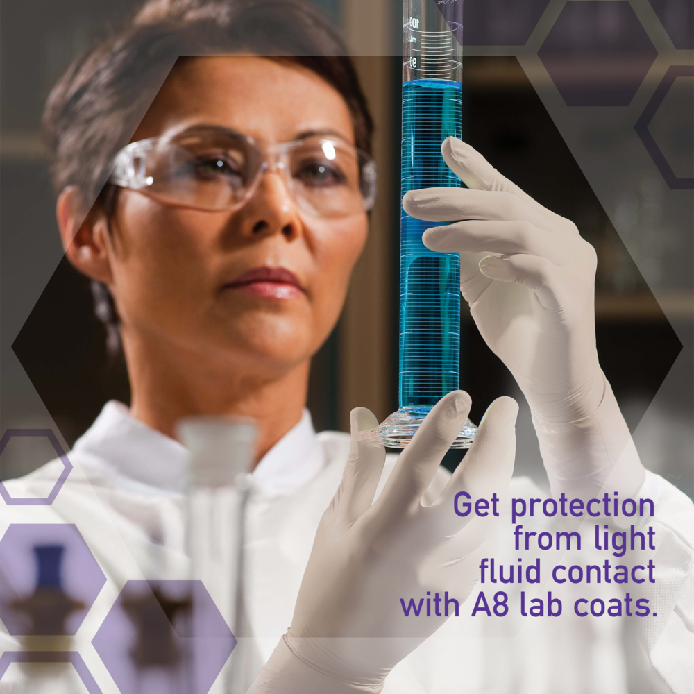 Kimtech™ A8 Certified Lab Coats with Knit Cuffs and Collar (10032), Protective 3-Layer SMS Fabric, Knit Collar & Cuffs, Unisex, Blue, Large, 25 / Case - 10032