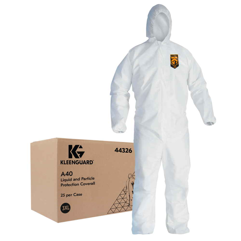 KleenGuard™A40 Liquid and Particle Protection Coveralls, REFLEX Design, Zip Front, Elastic Wrists & Ankles, Hood, White, 4X-Large, 25 Coveralls / Case - 44327