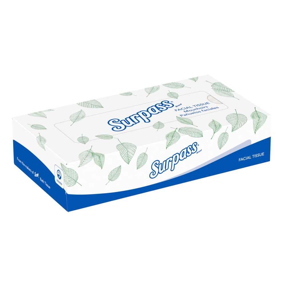 Boîte plate de mouchoirs Surpass (21390), 2 épaisseurs, blancs, non parfumés, 125 mouchoirs/boîte, 60 boîtes/grande caisse - 21390