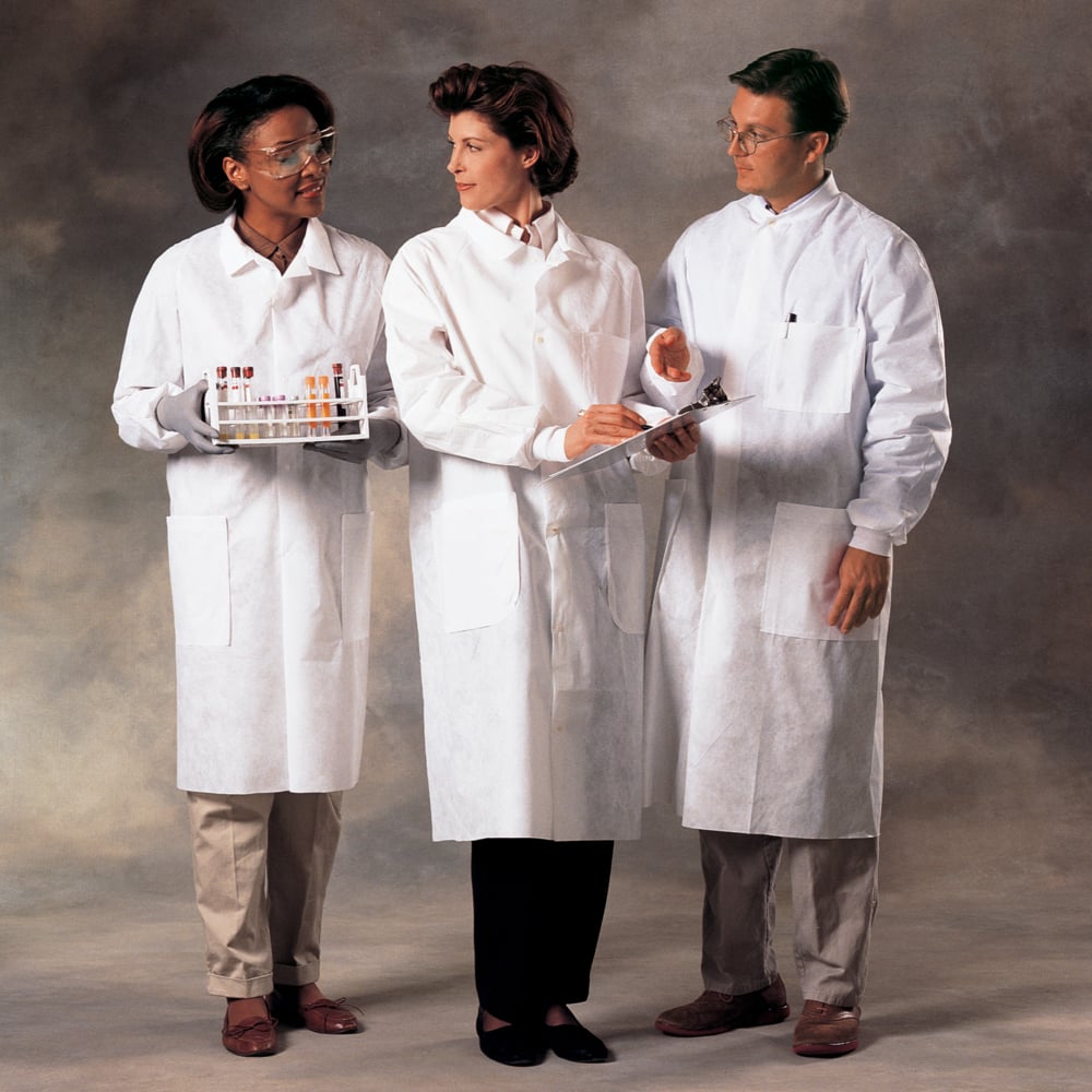 Kimtech™ A8 Certified Lab Coats with Knit Cuffs (10121), Protective 3-Layer SMS Fabric, Knit Cuffs, Mid-Calf Length, Unisex, White, Medium, 25 / Case - 10121