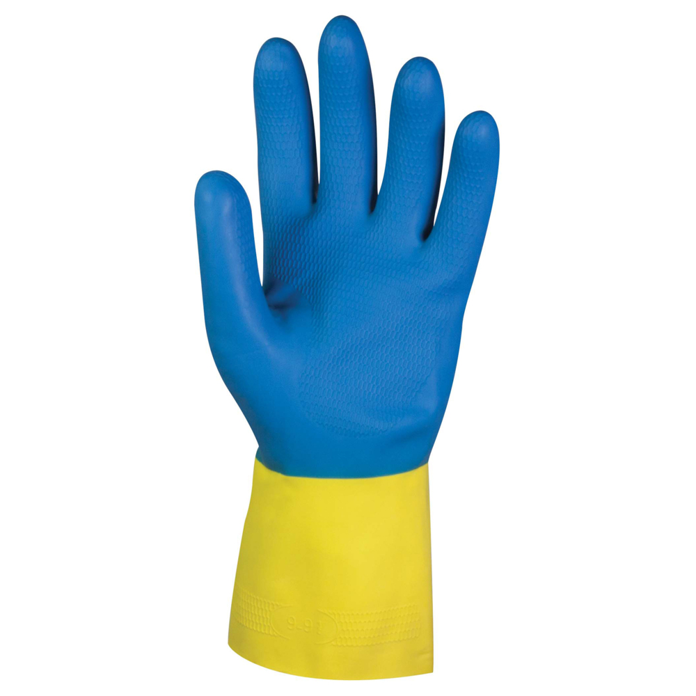 Gants résistants aux produits chimiques recouverts de néoprène/latex KleenGuard G80 (38743), 27,5 mil, 12 po, bleus et jaunes, grands (9), 12 paires/sac, 1 sac/caisse - 38743