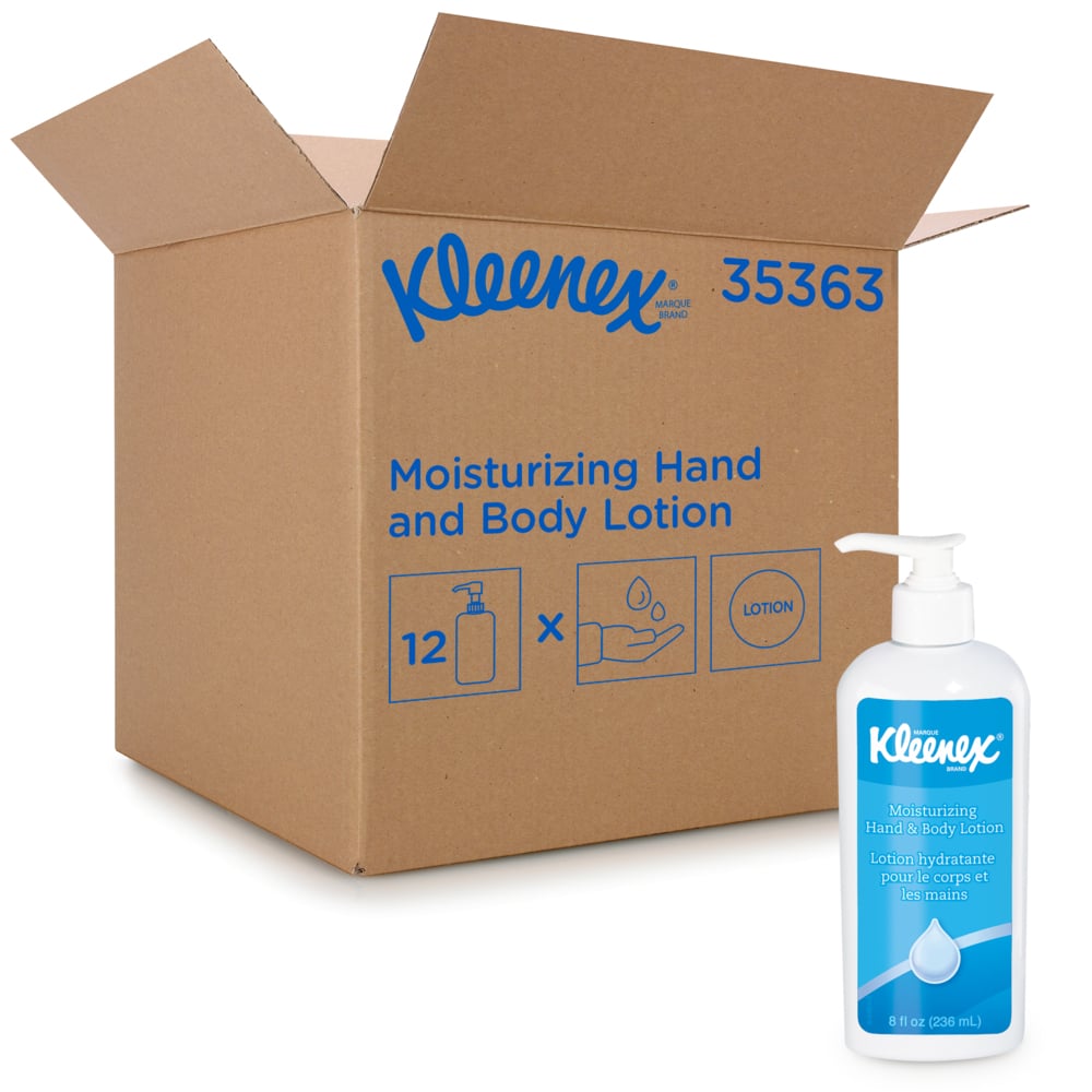 Kleenex® Moisturizing Hand and Body Lotion (35363), 8 oz. Pump Bottles, White, Fresh Scent, NSF E-4 Rated, (12 Bottles/Case) - 35363