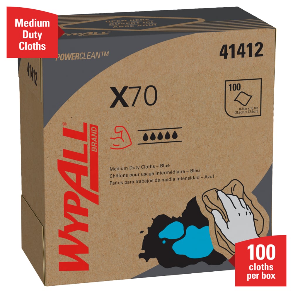 WypAll® Power Clean X70 Medium Duty Cloths (41412), Pop-Up Box, Blue, 10 Boxes / Case, 100 Sheets / Box, 1,000 Sheets / Case - 41412