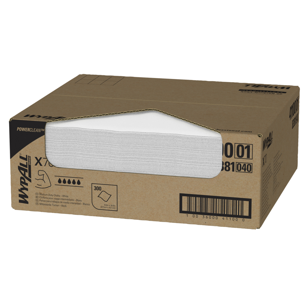 Chiffons de nettoyage moyen WypAll® X70 Power Clean (41100), boîte à feuilles planes, performance longue durée, blancs, 1 boîte, 300 feuilles - 41100