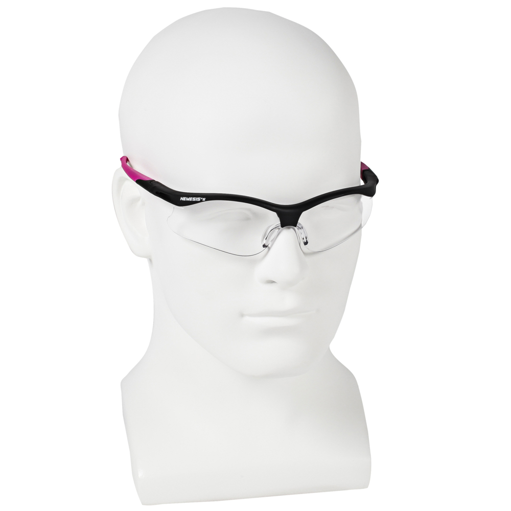 Petites lunettes de sécurité KleenGuard V30 Nemesis (38478), légères, verres transparents avec monture noire et embouts roses, 12 paires/caisse - 38478
