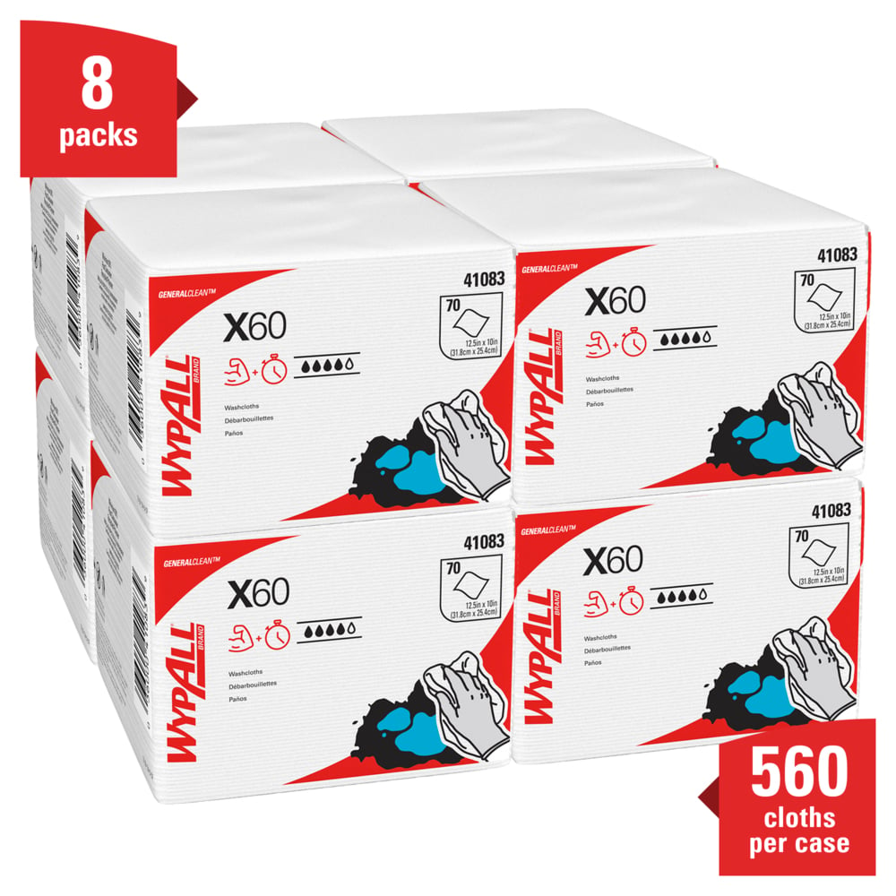 WypAll® General Clean X60 Multi-Task Cleaning Cloths (41083), Washcloths with Hydroknit, 12.5 x 10, White, Quarterfold, 8 Packs / Case, 70 Sheets / Pack - 41083