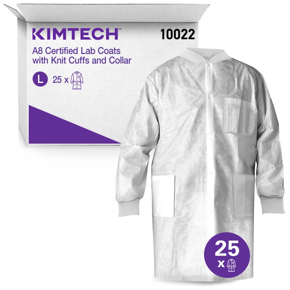 Kimtech™ A8 Certified Lab Coats with Knit Cuffs and Collar (10022), Protective 3-Layer SMS Fabric, Knit Collar & Cuffs, Unisex, White, Large, 25 / Case - 10022