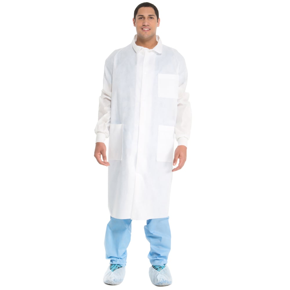 Kimtech™ A8 Certified Lab Coats with Knit Cuffs + Extra Protection (10041), Protective 3-Layer SMS Fabric, Back Vent, Unisex, White, Medium, 25 / Case - 10041