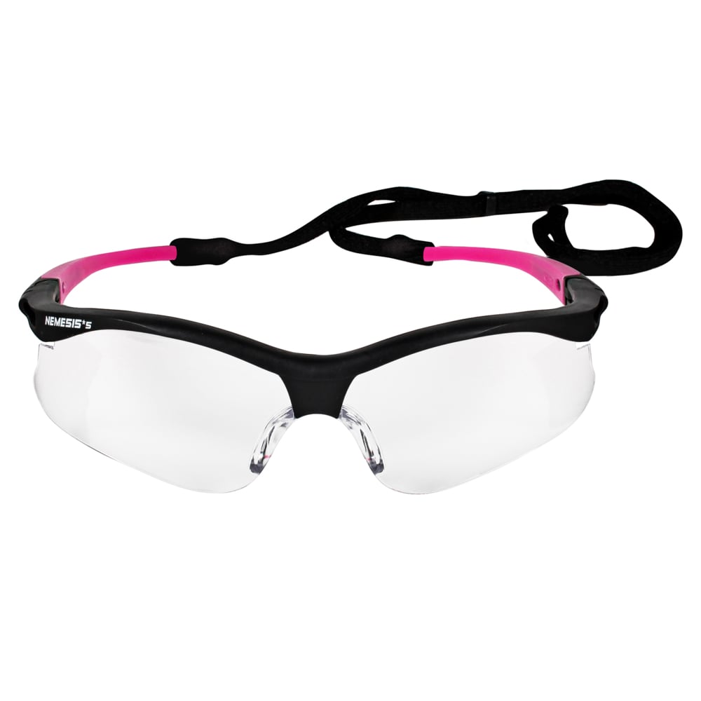 Petites lunettes de sécurité KleenGuard V30 Nemesis (38478), légères, verres transparents avec monture noire et embouts roses, 12 paires/caisse - 38478