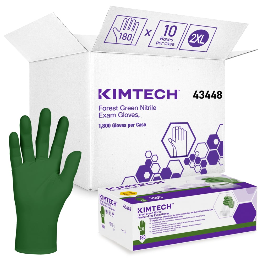 Kimberly-Clark™ Forest Green Nitrile Exam Gloves (43448), 3.5 Mil, Ambidextrous, 9.5”, 2XL, 180 Nitrile Gloves / Box, 10 Boxes / Case, 1,800 / Case;Kimtech™ Forest Green Nitrile Exam Gloves (43448), 3.5 Mil, Ambidextrous, 9.5”, 2XL, 180 Nitrile Gloves / Box, 10 Boxes / Case, 1,800 / Case - 43448