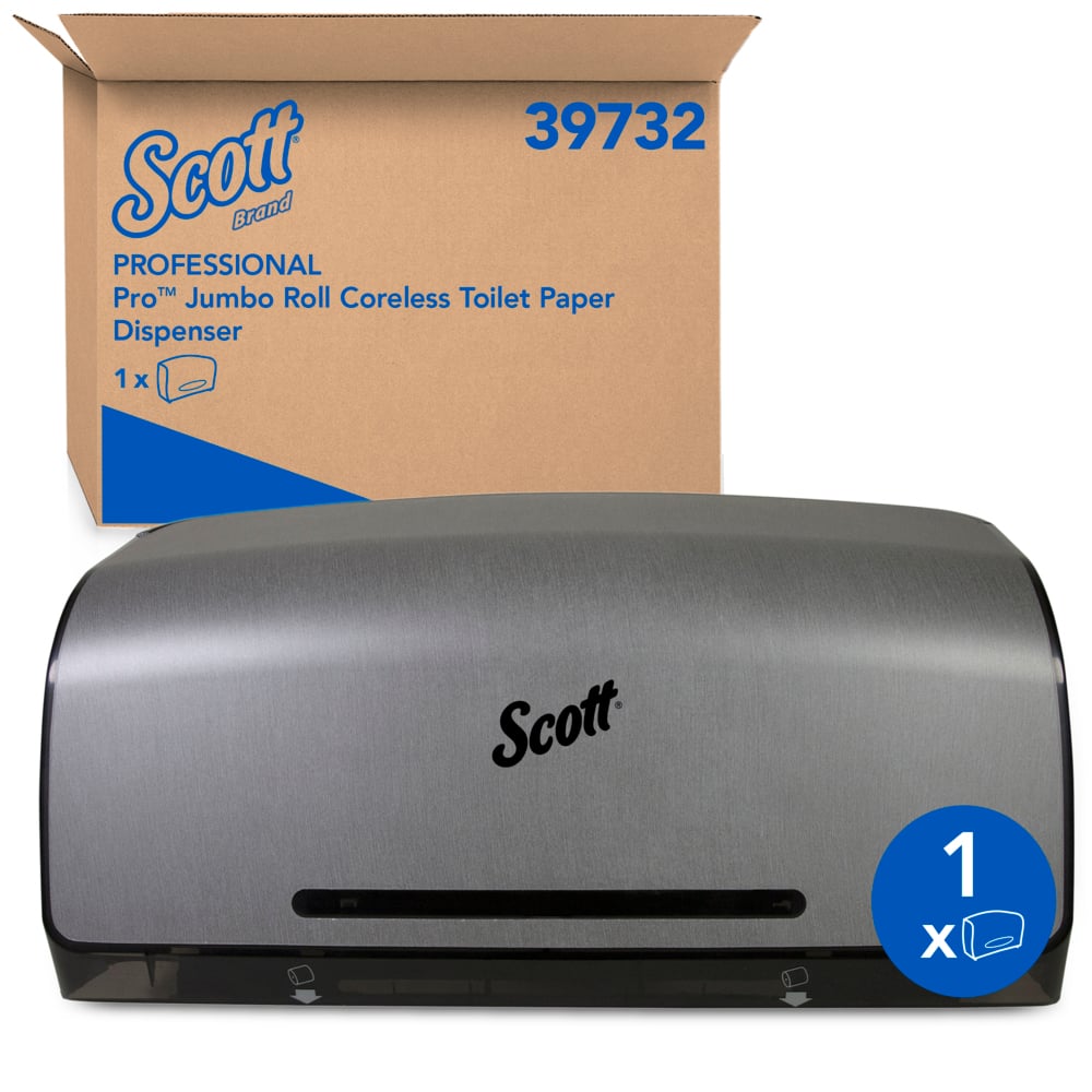 Scott® Pro Coreless Jumbo Roll Toilet Paper Dispenser (39732), Twin Roll, Stainless, 20.25" x 6.25" x 11.60" (Qty 1) - 39732