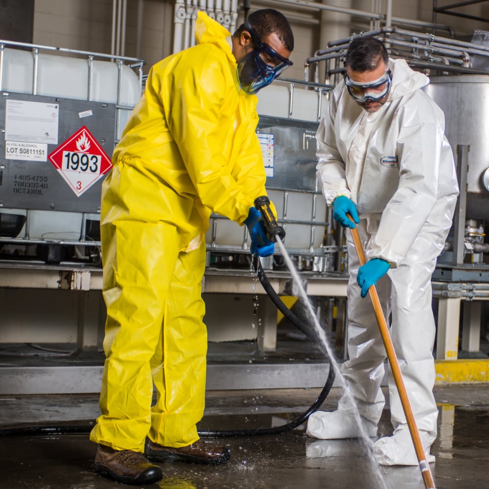 KleenGuard™ A70 Chemical Spray Protection Coveralls (09816), Zipper Front, Storm Flap, Elastic Wrists, Ankles & Hood, Yellow, Reflex Design, 3XL (Qty 12) - 09816