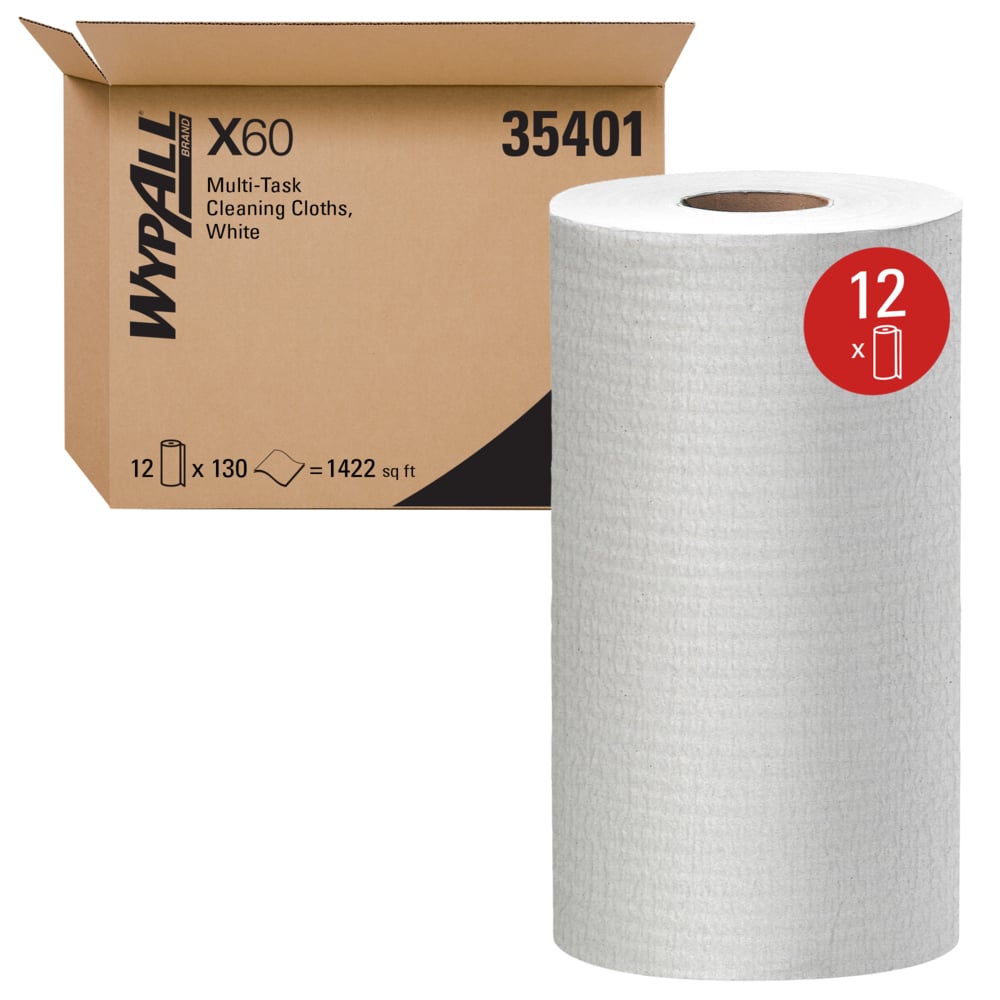 Chiffons de nettoyage multitâches WypAll® General Clean X60 (35401), Petit rouleau, blanc, 130 feuilles/rouleau, 12 rouleaux/caisse, 1 560 lingettes/caisse;Chiffons de nettoyage multitâches WypAll® General Clean X60 (35401), Petit rouleau, blanc, 130 feuilles / rouleau, 12 rouleaux / caisse, 1 560 lingettes/caisse - 35401