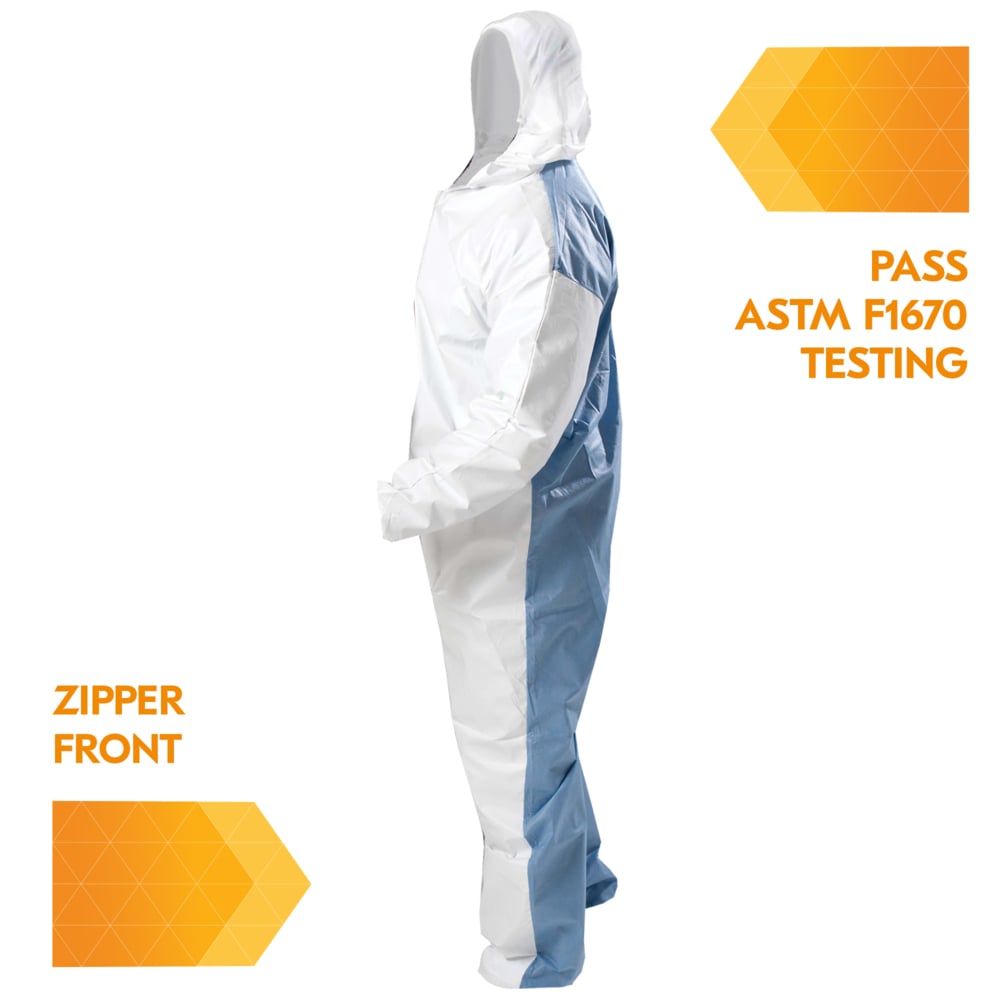 KleenGuard™ A40 Liquid & Particle Protection Coveralls (37584) with Blue Breathable Back, Zipper Front, Hood, EWA, White, 5XL/6XL, 25 / Case - 37584