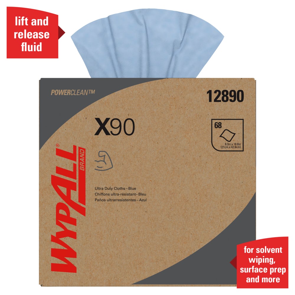 WypAll® PowerClean™ X90 Ultra Duty Cloths (12890), Pop-Up Box, Extended Use Towels, Blue (68 Sheets/Box, 5 Boxes/Case, 340 Sheets/Case) - 12890