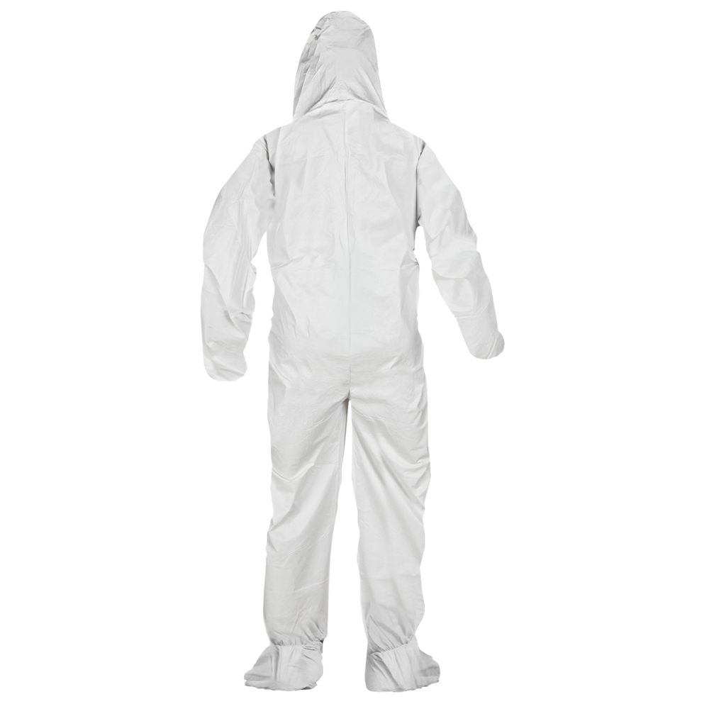 Combinaisons de protection contre les liquides et les particules KleenGuard™ A40 (44334), fermeture éclair à l’avant, bande élastique aux poignets et aux chevilles, avec capuchon et bottes, blanches, conception Reflex, TG (qté 25) - 44334