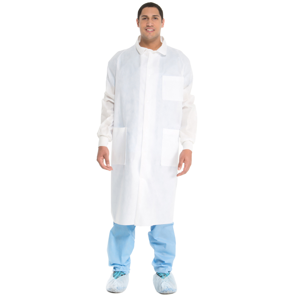 Kimtech™ A8 Certified Lab Coats with Knit Cuffs + Extra Protection (10042), Protective 3-Layer SMS Fabric, Back Vent, Unisex, White, Large, 25 / Case - 10042