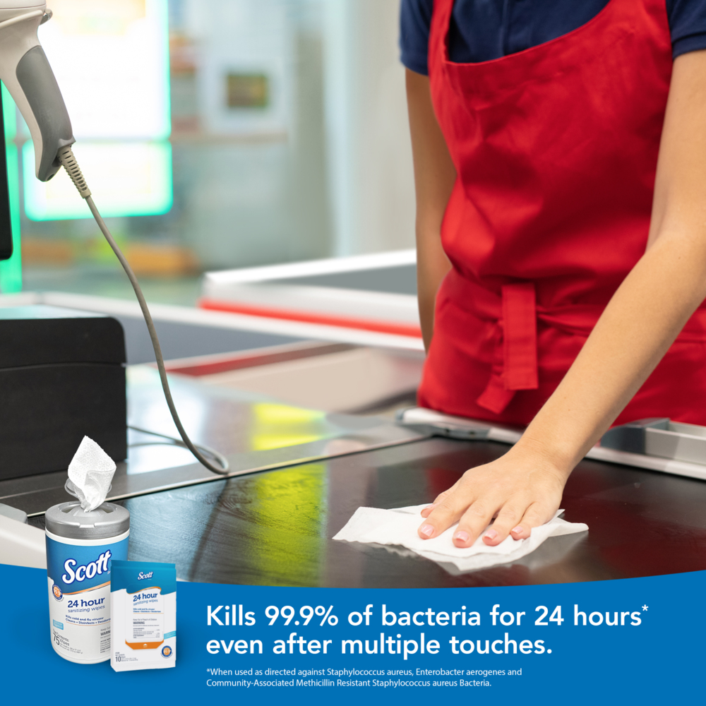 Scott 24 Hour Sanitizing Wipes – Multi-Surface Cleaning & Disinfecting, Continuous Sanitization For 24 Hours – (54478), 50 Packs x 10, 500 Wipes - 41526