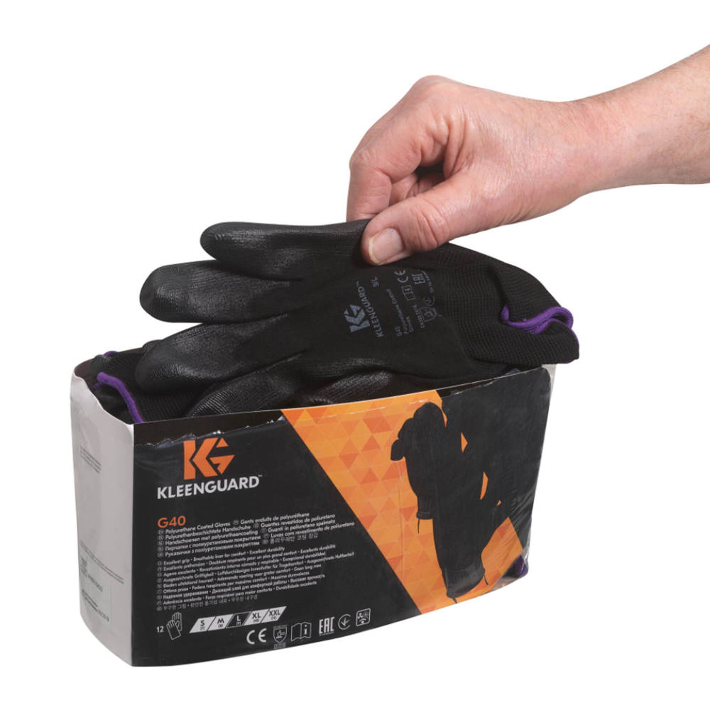 Gants KleenGuard™ G40 enduits de polyuréthanne (13841), fins (mils), gants de conception main droite et main gauche, noirs, 2TG (12 paires/sac, 5 sacs/caisse, 60 paires/caisse) - 13841