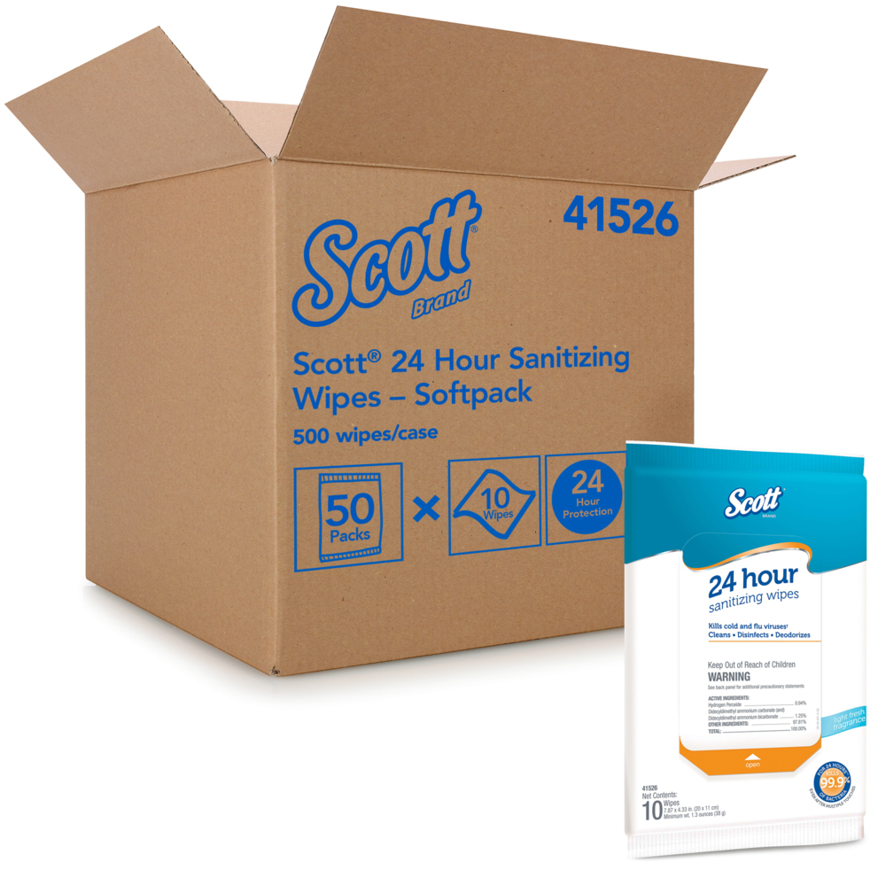 Scott 24 Hour Sanitizing Wipes – Multi-Surface Cleaning & Disinfecting, Continuous Sanitization For 24 Hours – (54478), 50 Packs x 10, 500 Wipes - 41526