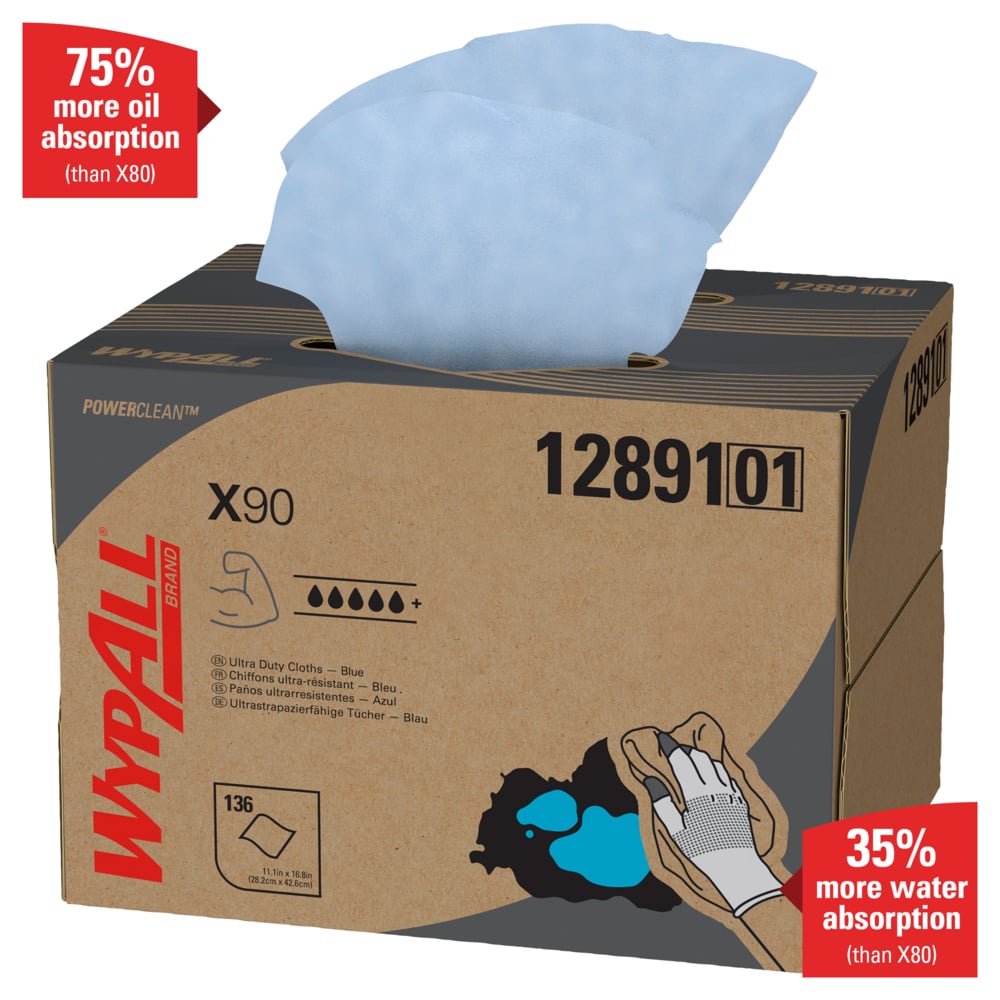 WypAll® PowerClean™ X90 Ultra Duty Cloths (12891), Brag Box, Extended Use Towels, Blue (136 Sheets/Box, 1 Box/Case, 136 Sheets/Case) - 12891