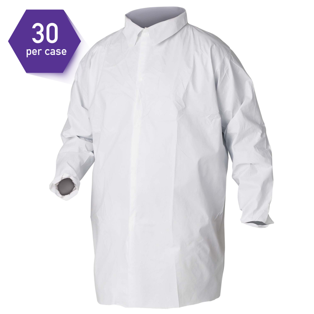 KleenGuard™ A20 Breathable Particle Protection Lab Coats (35620), 4 Hook & Loop Closures, Knee Length, Elastic Wrists, White, Large, 30 / Case - 35620