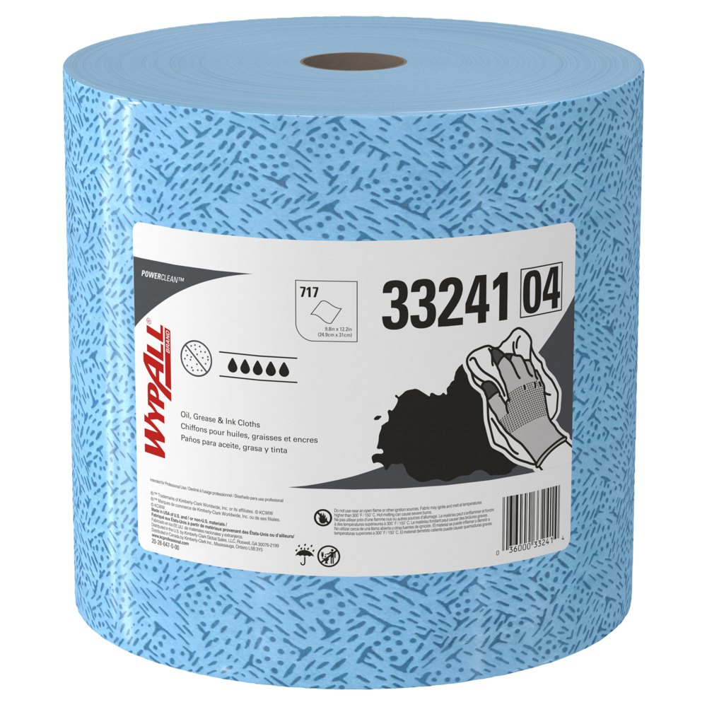 Essuie-tout pour l’huile, la graisse et l’encre WypAll® (33241), rouleau géant, chiffon non pelucheux, bleus (717 feuilles/rouleau, 1 rouleau/caisse, 717 feuilles/caisse);Chiffons pour la graisse, l’huile et l’encre WypAll® Power Clean (33241), jetables, non pelucheux, bleus, 1 rouleau géant de 717 feuilles - 33241