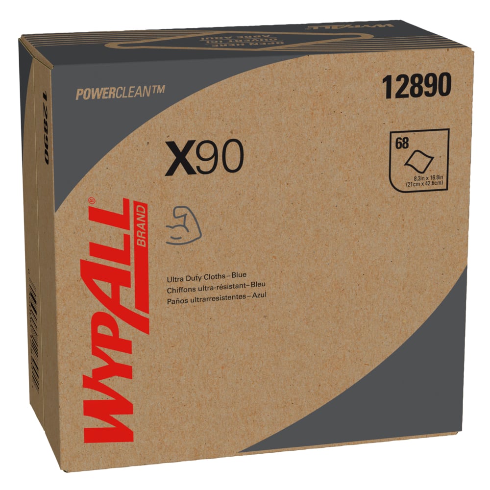 WypAll® PowerClean™ X90 Ultra Duty Cloths (12890), Pop-Up Box, Extended Use Towels, Blue (68 Sheets/Box, 5 Boxes/Case, 340 Sheets/Case) - 12890