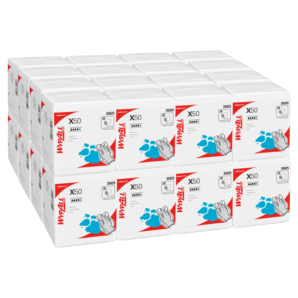 Chiffons de nettoyage WypAll® X50 General Clean (35025), résistants pour une utilisation prolongée, pliés en quatre, blancs, 32 paquets/caisse, 26 feuilles/paquet, 832 feuilles/caisse - 35025