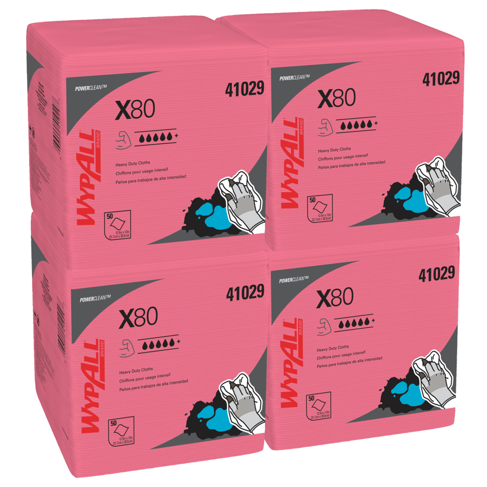 Chiffons robustes WypAll® X80 Power Clean (41029), format à utilisation prolongée, pliés en quatre, rouges, 50 feuilles/paquet; 4 paquets/caisse, 200 feuilles pliées/caisse - 41029