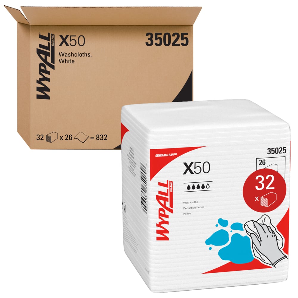 Chiffons de nettoyage WypAll® X50 General Clean (35025), résistants pour une utilisation prolongée, pliés en quatre, blancs, 32 paquets/caisse, 26 feuilles/paquet, 832 feuilles/caisse - 35025