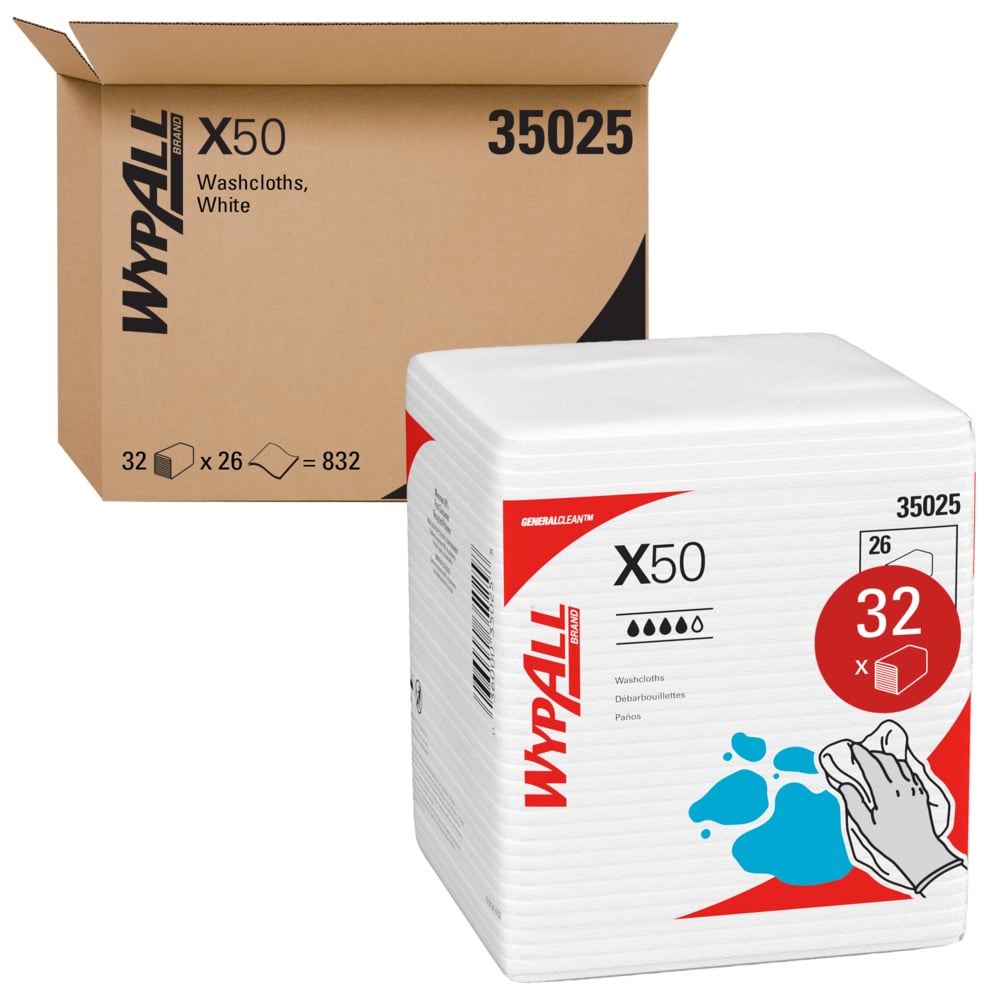 WypAll® GeneralClean™ X50 Cleaning Cloths (35025), Quarterfold, Strong for Extended Use, White (26 Sheets/Pack, 32 Packs/Case, 832 Sheets/Case) - 35025