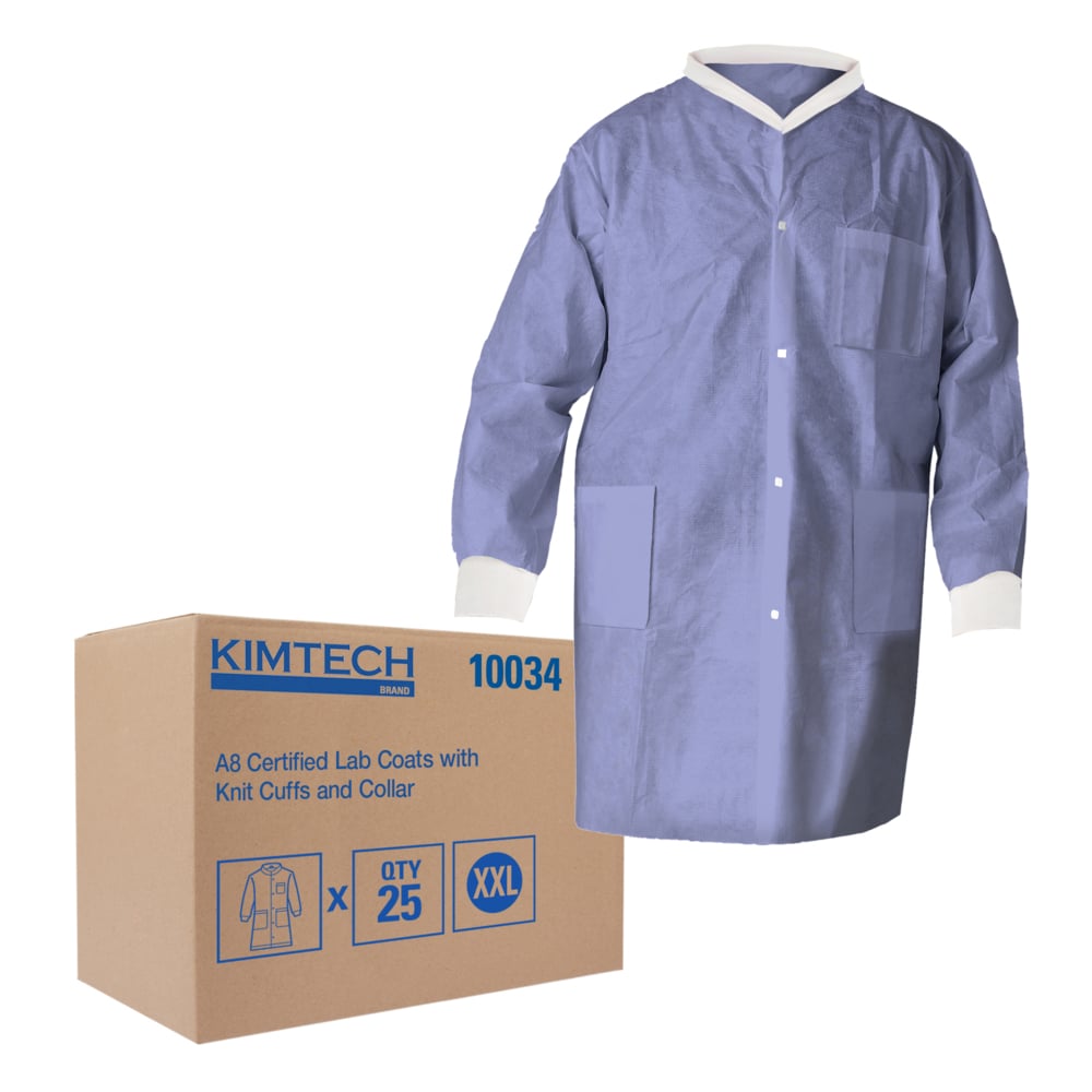 Kimtech™ A8 Certified Lab Coats with Knit Cuffs and Collar (10034), Protective 3-Layer SMS Fabric, Knit Collar & Cuffs, Unisex, Blue, 2XL, 25 / Case - 10034