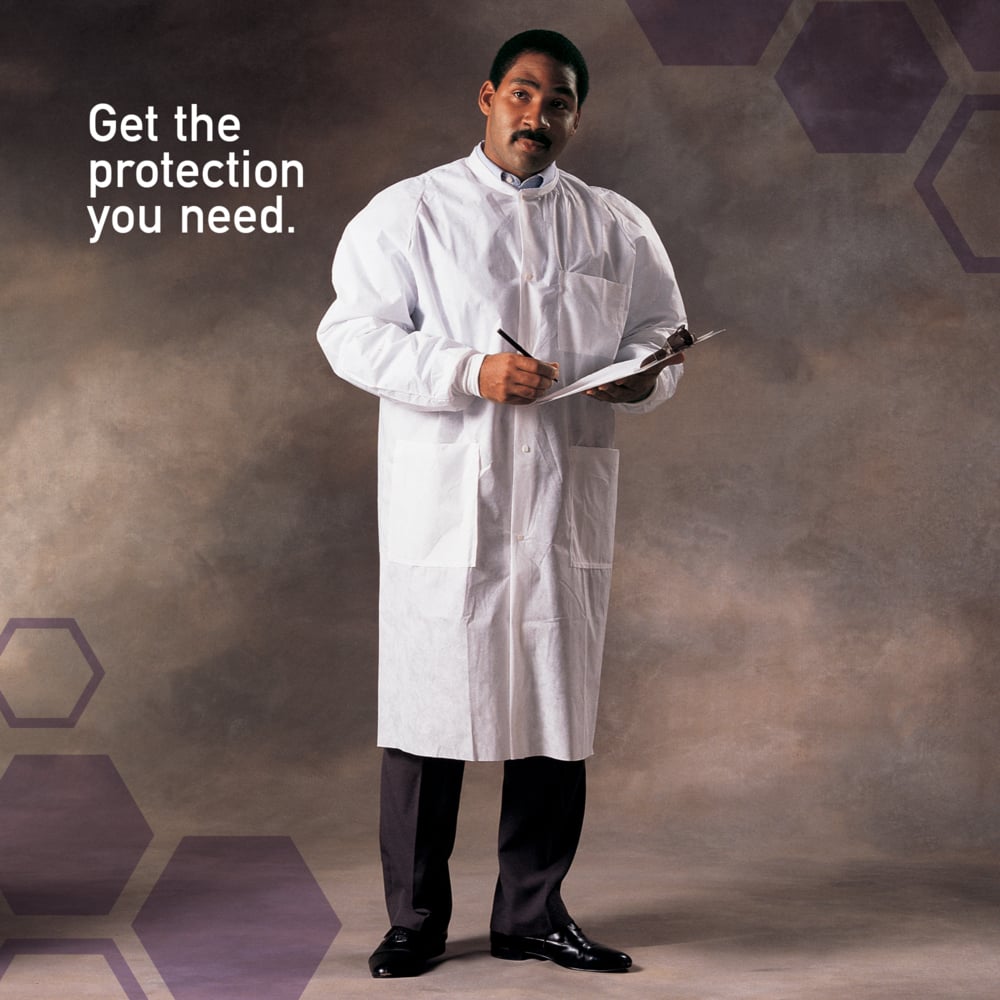 Kimtech™ A8 Certified Lab Coats with Knit Cuffs and Collar (10022), Protective 3-Layer SMS Fabric, Knit Collar & Cuffs, Unisex, White, Large, 25 / Case - 10022