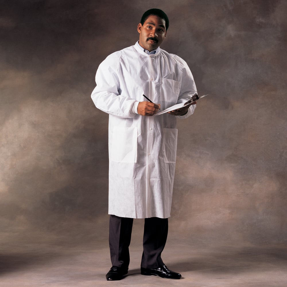 Kimtech™ A8 Certified Lab Coats with Knit Cuffs and Collar (10020), Protective 3-Layer SMS Fabric, Knit Collar & Cuffs, Unisex, White, Small, 25 / Case - 10020